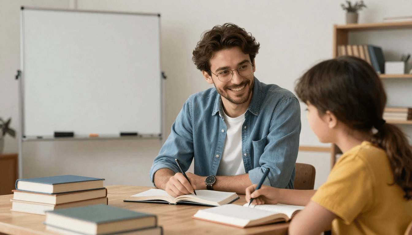 Professeur accompagnant un élève pendant un cours particulier